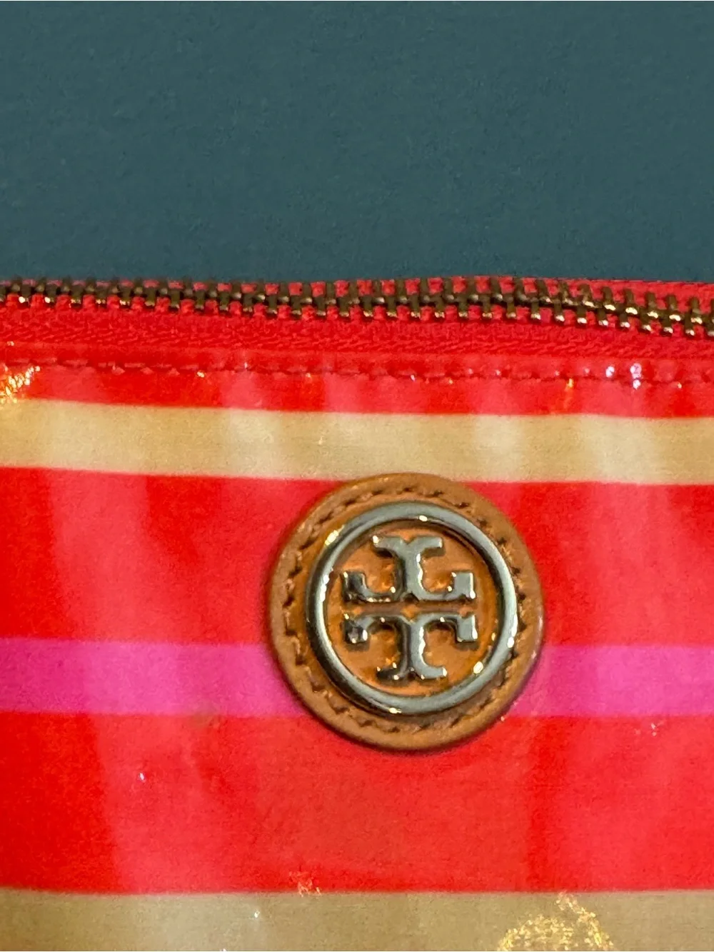 Tory Burch Striped Brigitte Cosmetic Case in Poppy Red